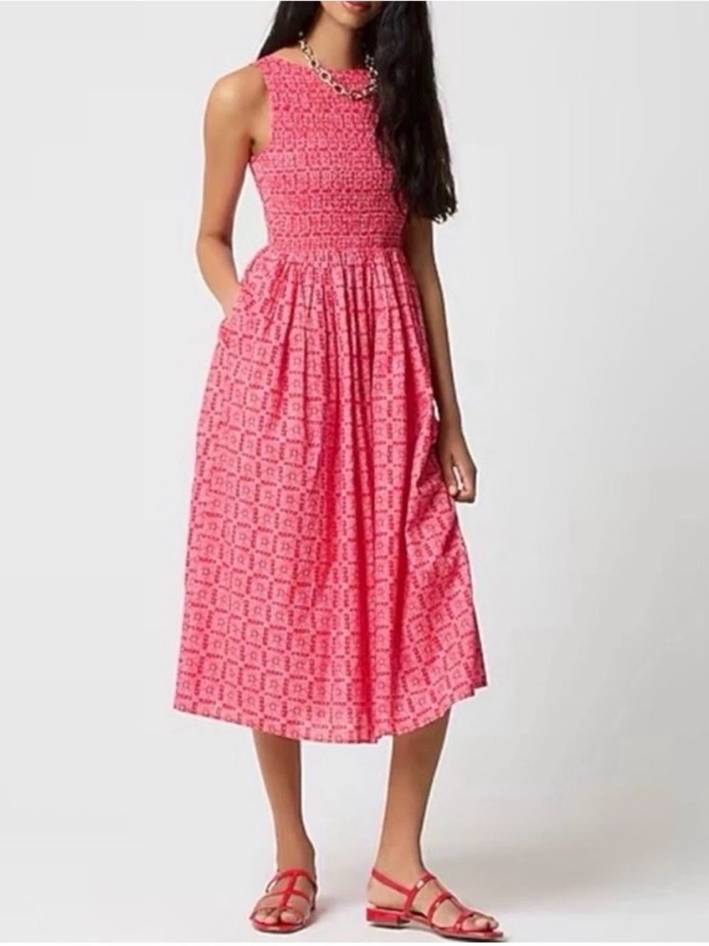 J. Crew NWT Smocked Boat Neck Midi Dress Pockets Sleeveless Red Print Size L NEW - Picture 10 of 10